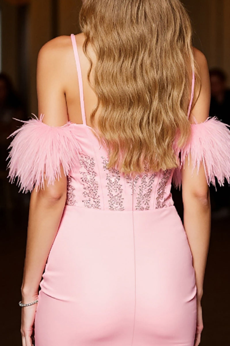 Load image into Gallery viewer, Pink Corset Bodycon Short Homecoming Dress with Feathers