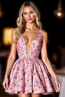 Load image into Gallery viewer, Pink V-Neck A Line Printed Short Homecoming Dress with Bow