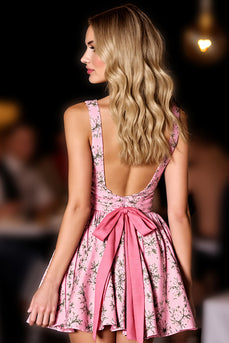 Pink V-Neck A Line Printed Short Homecoming Dress with Bow
