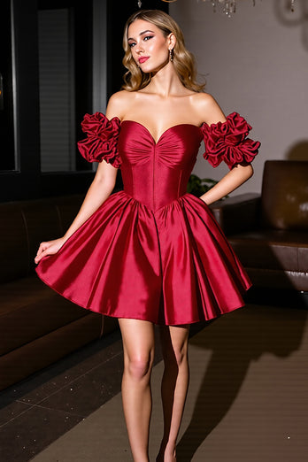 Burgundy A Line Short Satin Homecoming Dress with Ruffles