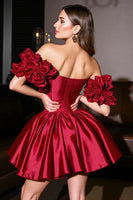 Load image into Gallery viewer, Burgundy A Line Short Satin Homecoming Dress with Ruffles
