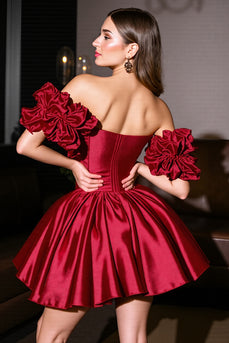 Burgundy A Line Short Satin Homecoming Dress with Ruffles