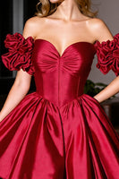 Load image into Gallery viewer, Burgundy A Line Short Satin Homecoming Dress with Ruffles