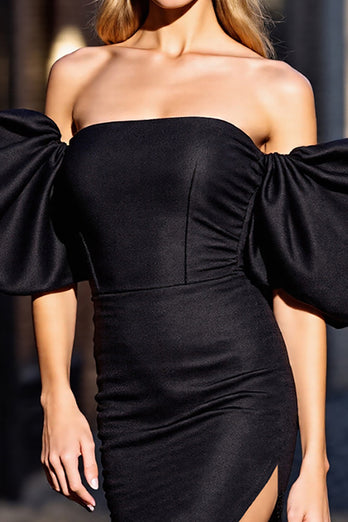 Black Bodycon Off the Shoulder Corset Satin Short Homecoming Dress with Slit