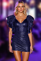 Load image into Gallery viewer, Sparkly Navy Corset Sequin Short Homecoming Dress with Ruffles