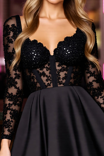 Sparkly Black A Line Short Corset Homecoming Dress with Lace