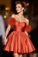 Load image into Gallery viewer, Orange A Line Satin Short Homecoming Dress with Feathers