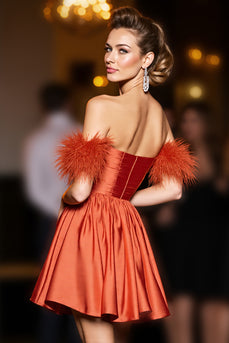 Orange A Line Satin Short Homecoming Dress with Feathers