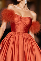 Load image into Gallery viewer, Orange A Line Satin Short Homecoming Dress with Feathers