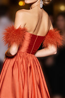 Load image into Gallery viewer, Orange A Line Satin Short Homecoming Dress with Feathers