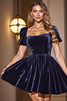 Load image into Gallery viewer, Black A Line Short Homecoming Dress with Sleeves
