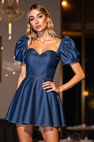 Load image into Gallery viewer, Dark Blue Corset Short A Line Homecoming Dress with Sleeves