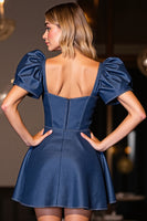 Load image into Gallery viewer, Dark Blue Corset Short A Line Homecoming Dress with Sleeves