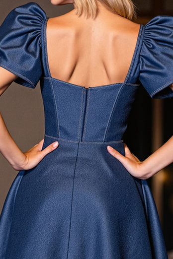Dark Blue Corset Short A Line Homecoming Dress with Sleeves
