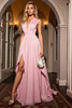 Load image into Gallery viewer, Pink A Line V-Neck Ruched Long Prom Dress with Slit