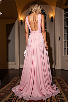 Pink A Line V-Neck Ruched Long Prom Dress with Slit