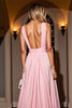 Load image into Gallery viewer, Pink A Line V-Neck Ruched Long Prom Dress with Slit