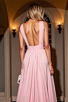 Load image into Gallery viewer, Pink A Line V-Neck Ruched Long Prom Dress with Slit