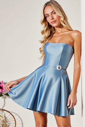 Blue A Line Satin Strapless Short Homecoming Dress