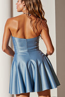 Load image into Gallery viewer, Blue A Line Satin Strapless Short Homecoming Dress