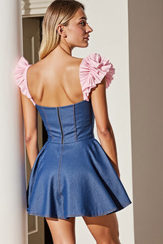 Dark Blue Corset Short A Line Homecoming Dress with Ruffles
