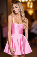 Load image into Gallery viewer, Pink A Line Spaghetti Straps Short Homecoming Dress