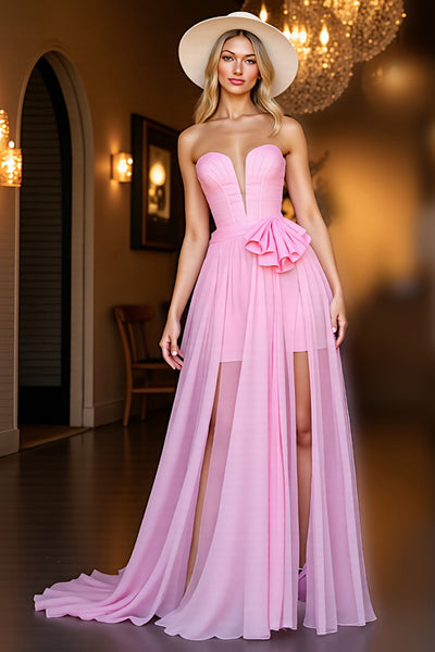 Pink Chiffon Ruffled Corset Long Homecoming Dress with Ruffles