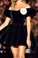 Load image into Gallery viewer, Black A Line Floral Off the Shoulder Velvet Short Homecoming Dress
