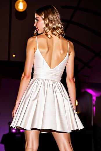 White Spaghetti Straps A Line Satin Short Homecoming Dress