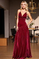 Load image into Gallery viewer, Burgundy Sheath Spaghetti Straps Ruched Long Velvet Formal Dress