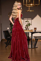 Load image into Gallery viewer, Burgundy Sheath Spaghetti Straps Ruched Long Velvet Formal Dress