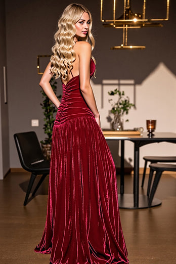 Burgundy Sheath Spaghetti Straps Ruched Long Velvet Formal Dress