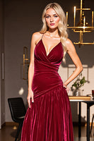Load image into Gallery viewer, Burgundy Sheath Spaghetti Straps Ruched Long Velvet Formal Dress