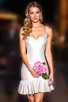 Load image into Gallery viewer, White Bodycon Spaghetti Straps Ruffled Short Homecoming Dress