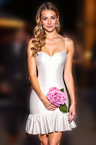 White Bodycon Spaghetti Straps Ruffled Short Homecoming Dress