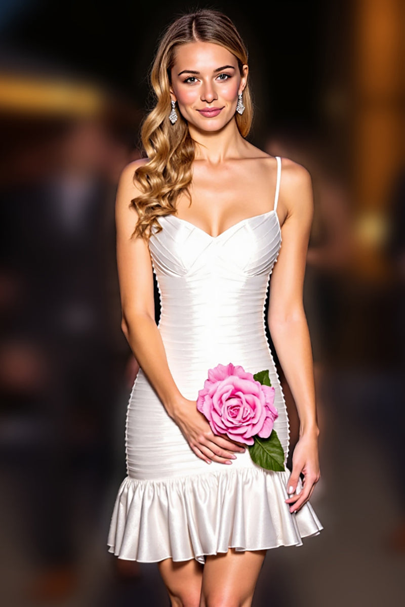 Load image into Gallery viewer, White Bodycon Spaghetti Straps Ruffled Short Homecoming Dress
