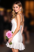 Load image into Gallery viewer, White Bodycon Spaghetti Straps Ruffled Short Homecoming Dress
