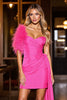 Load image into Gallery viewer, Fuchsia Short Tight Satin Homecoming Dress with Feather
