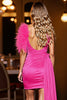 Load image into Gallery viewer, Fuchsia Short Tight Satin Homecoming Dress with Feather