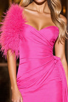 Load image into Gallery viewer, Fuchsia Short Tight Satin Homecoming Dress with Feather