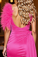 Load image into Gallery viewer, Fuchsia Short Tight Satin Homecoming Dress with Feather