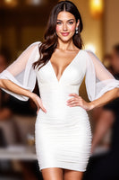 Load image into Gallery viewer, White V Neck Tight Short Satin Homecoming Dress with Sleeves