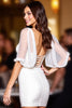 Load image into Gallery viewer, White V Neck Tight Short Satin Homecoming Dress with Sleeves