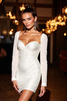 Load image into Gallery viewer, White Satin Ruched Short Tight Homecoming Dress with Bow