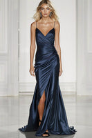 Load image into Gallery viewer, Dark Blue Satin Long Mermaid Formal Dress with Slit