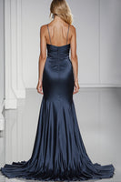 Load image into Gallery viewer, Dark Blue Satin Long Mermaid Formal Dress with Slit