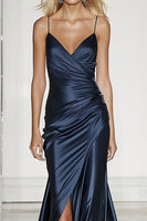 Load image into Gallery viewer, Dark Blue Satin Long Mermaid Formal Dress with Slit