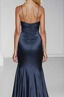 Load image into Gallery viewer, Dark Blue Satin Long Mermaid Formal Dress with Slit
