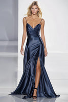 Load image into Gallery viewer, Dark Blue Spaghetti Straps Backless Long Satin Formal Dress with Slit
