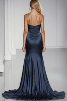 Load image into Gallery viewer, Dark Blue Spaghetti Straps Backless Long Satin Formal Dress with Slit